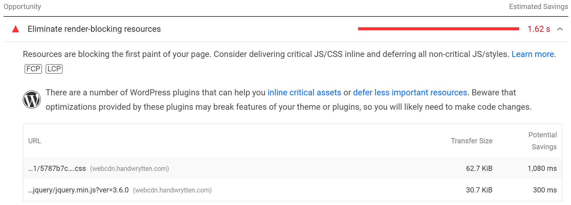 google PageSpeed Insights' recommendations for eliminating render blocking resources