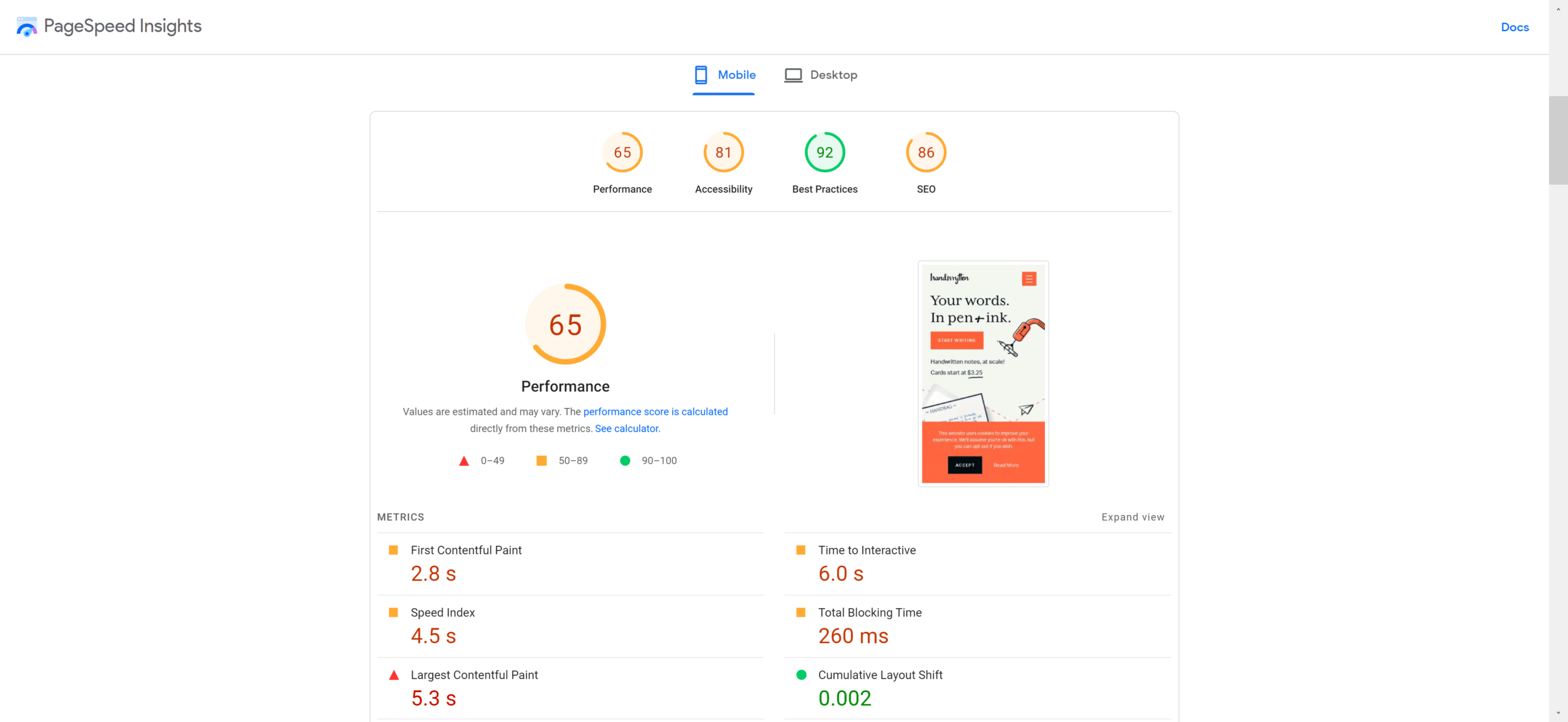 a picture of Google's PageSpeed Insights analyzing handwrytten.com